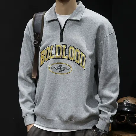 秋季翻领拉链卫衣男春秋款潮牌宽松大码2023新款男士重磅上衣长袖商品大图