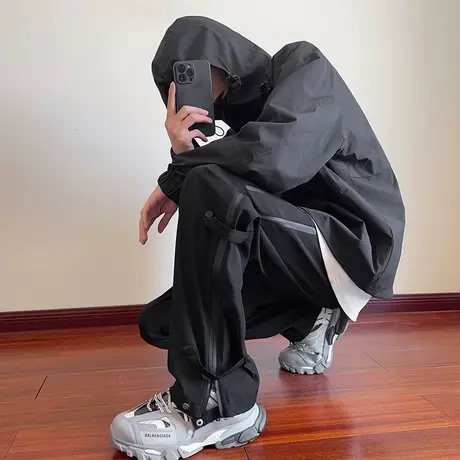 美式冲锋裤子男春秋款潮牌运动登山裤宽松大码高街直筒休闲工装裤商品大图