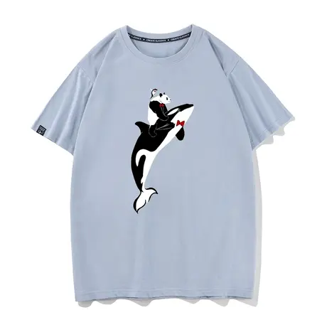 秀洛熊猫和鲸鱼图案印花打底衫夏季T恤男女短袖情侣装国潮体恤商品大图