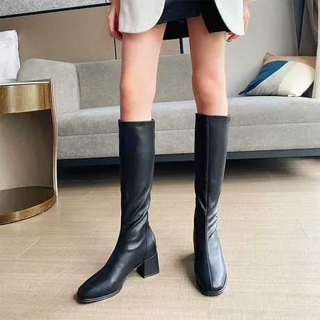 高跟长靴女2023年冬季新款粗跟显瘦长筒靴后拉链不过膝高筒骑士靴商品大图