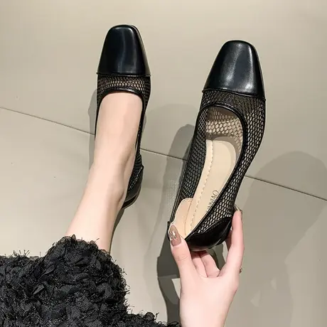 时尚透气镂空平底方头单鞋女浅口2023新款通勤上班凉单鞋春夏网鞋图片