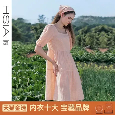 HSIA遐睡裙女全棉双层纱夏季短袖方领套头裙田园格纹复古家居裙商品大图