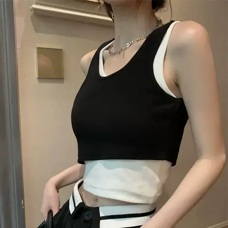 背心女夏外穿假两件美式辣妹小吊带2023新款黑色短款内搭上衣运动图片