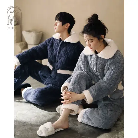 妮狄娅新款情侣睡衣女冬季开衫珊瑚绒三层夹棉男士保暖家居服套装商品大图
