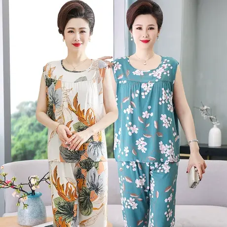 妈妈人造棉睡衣女夏天凉感薄款中老年无袖绵绸家居服老人棉绸套装图片