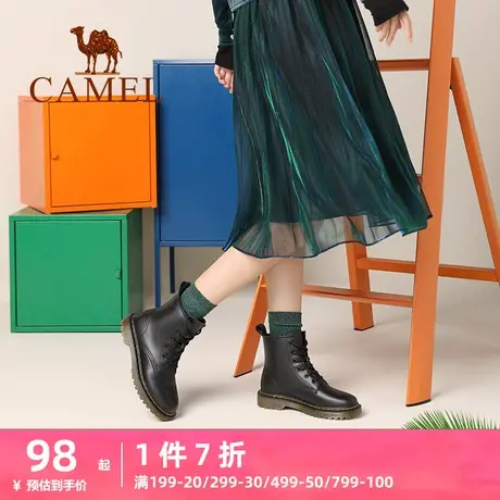 骆驼女鞋2023年秋冬新款厚底鞋子粗跟英伦风黑色靴子增高马丁靴女商品大图