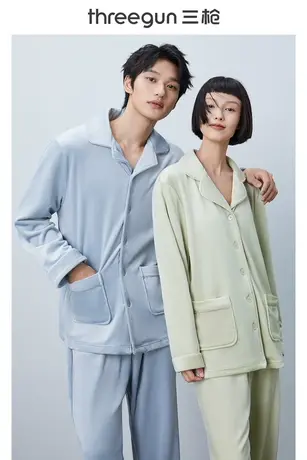三枪保暖套装男女秋冬婴儿绒翻领开襟情侣家居服套装81947图片