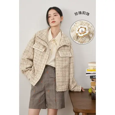 【商场同款】茵曼宽松女2022年春季新款拉链菱格羊毛花呢毛呢外套图片