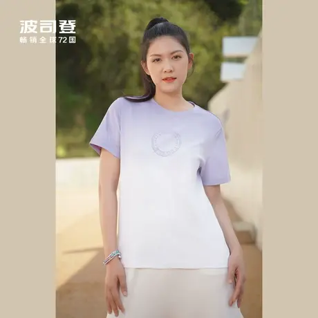 波司登夏女款T恤时尚渐变色纯棉舒适圆领绣标舒适透气图片