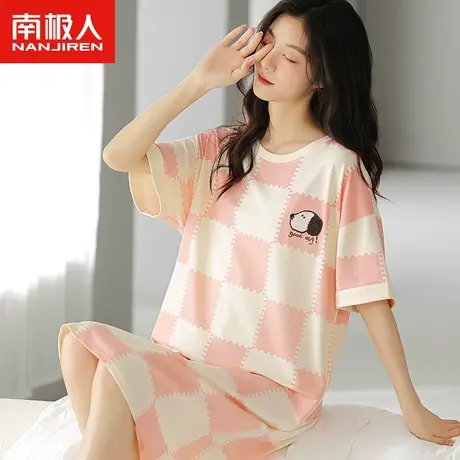 南极人睡裙女士夏季薄款短袖长款纯棉睡衣可外穿宽松连衣裙家居服商品大图
