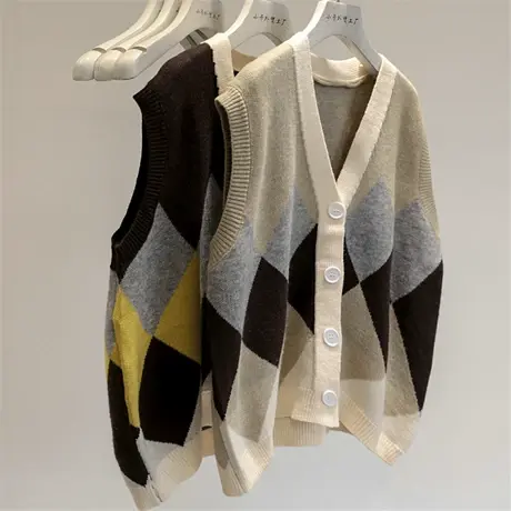 腔调大气！秋季复古菱形格子针织马甲女开衫宽松毛衣坎肩马夹外套商品大图