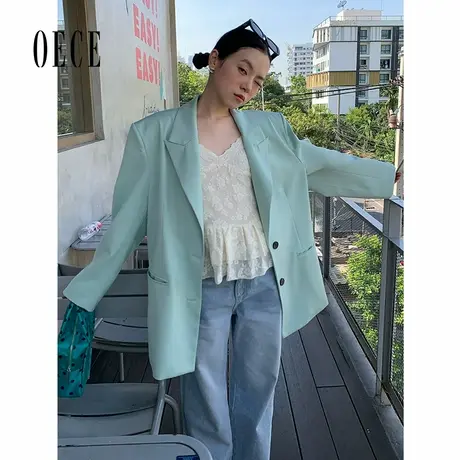 Oece中长款西装外套简约翻领女2025春季新款宽松显瘦优雅气质外套图片