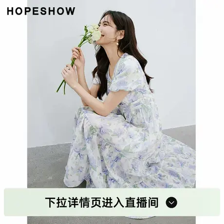 【直播专享】2024印花泡泡袖收腰V领套头连衣裙90124101605红袖图片