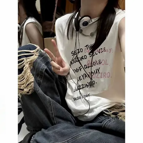 纯棉吊带运动背心无袖t恤女2024新款夏季外穿篮球服港风挂脖上衣图片