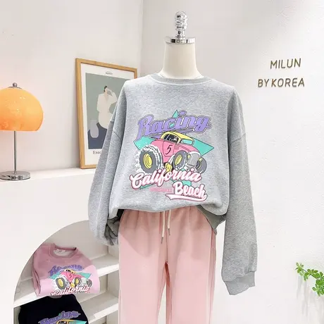 2023春秋款上衣韩国东大门chic小众复古印花长袖卫衣宽松外套休闲商品大图