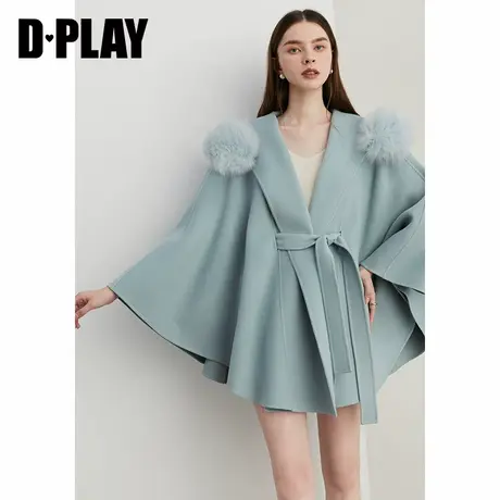 DPLAY【黑标】冬季法式蓝色毛领100羊毛大衣中长款毛呢外套女商品大图