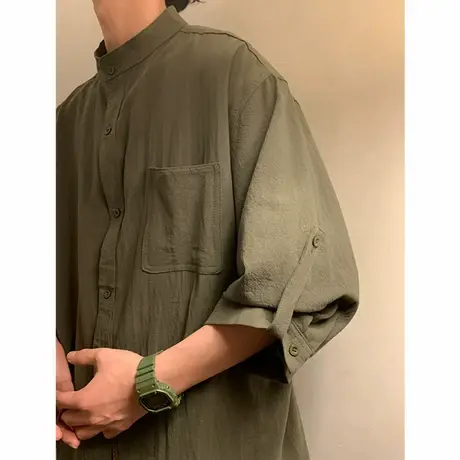 军绿色无领衬衫男纯棉新中式国风汉服唐装中山装外套七八分袖夏季商品大图