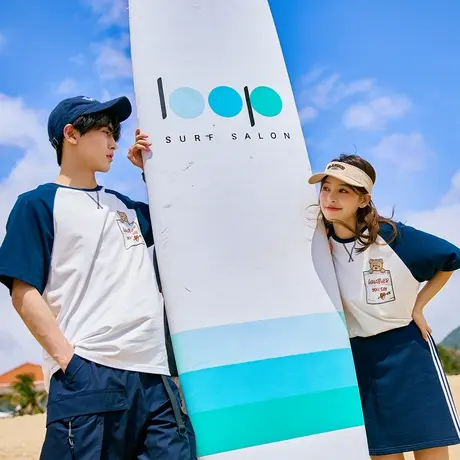 唐狮夏季新款情侣装短袖T恤男女撞色拼接小熊口袋美式复古t恤商品大图