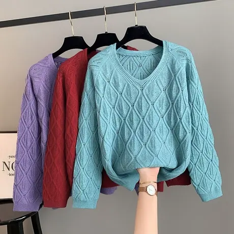 慵懒风宽松V领针织衫女2023新款秋款女装秋季女士毛衣高级感上衣商品大图