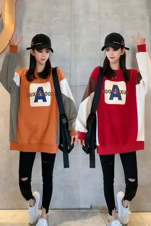 2023春秋新款连帽卫衣女A字母印花时尚百搭宽松拼色上衣大版外套商品大图