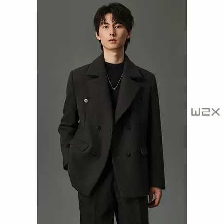 w2x冬季大翻领垫肩款双排扣短款羊毛呢大衣男休闲呢子西装外套潮商品大图