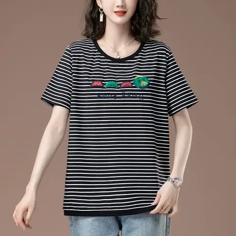 条纹短袖T恤女夏季加肥加大码女装宽松中年妈妈刺绣纯棉显瘦体恤商品大图