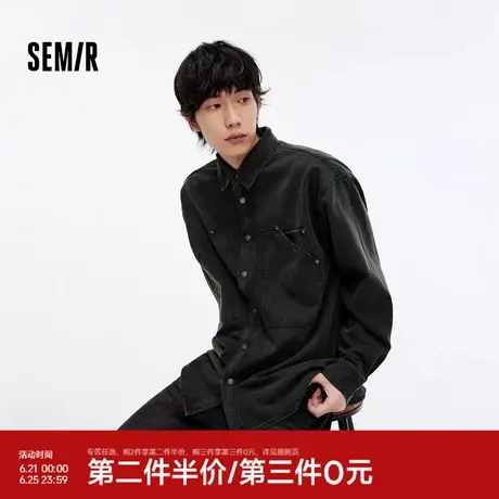 森马长袖衬衫男复古牛仔外套黑色秋季酷帅宽松工装上衣时尚百搭潮图片