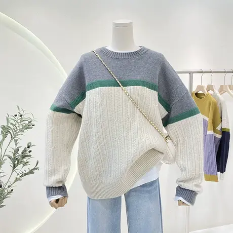 高级感撞色宽松休闲圆领长袖毛衣女2022年秋冬新款百搭针织衫上衣图片