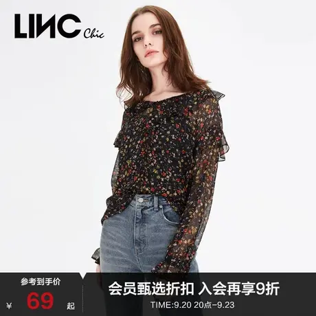 【衬衫合集】LINC金羽杰衬衫复古装饰碎花雪纺衫女上衣921609商品大图