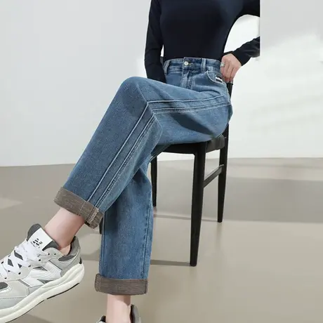 浅蓝色哈伦牛仔裤女2025春秋新款高腰显瘦小个子九分卷边老爹裤子商品大图