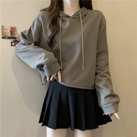 短款小个子连帽卫衣女早秋季百搭韩版宽松显瘦卷边下摆上衣潮牌图片