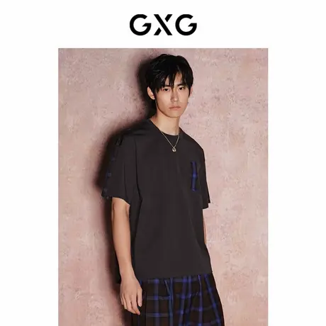 【X】GXG男装口袋格纹时尚休闲宽松圆领短袖T恤男士上衣24年夏品商品大图