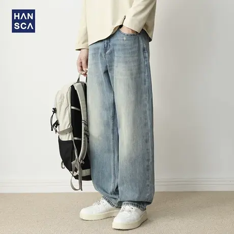 hansca莱赛尔直筒牛仔裤2025新款男秋时尚痞帅宽松阔腿浅色长裤子商品大图