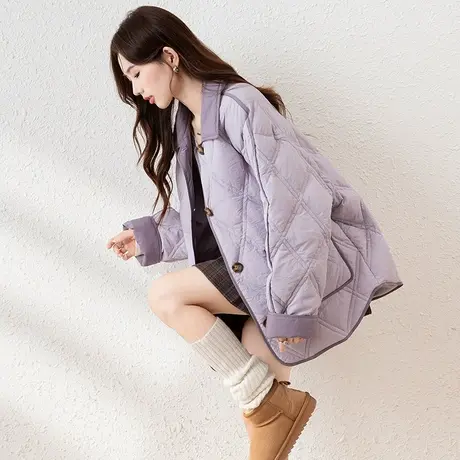 【防水】唐狮撞色初冬轻薄羽绒服女款2024新款拼接短款菱格外套图片