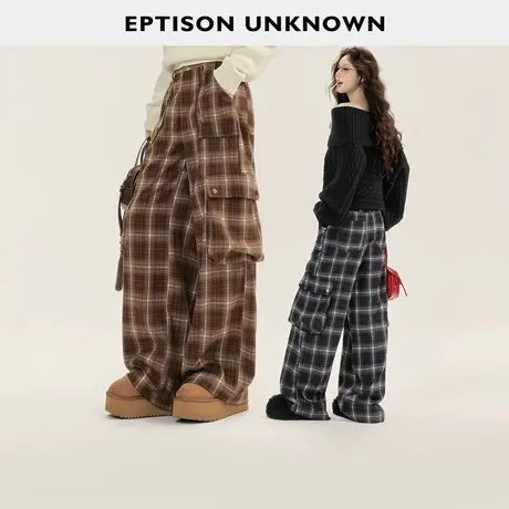 EPTISON休闲裤女2025年冬季新款直筒显瘦美式复古格子阔腿工装裤商品大图