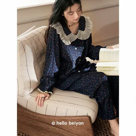 贝妍柔软棉睡衣女春秋季新款长袖开衫套装复古少女宽松大码家居服商品大图
