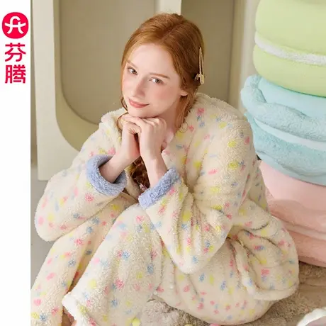 芬腾多巴胺珊瑚绒睡衣女秋冬款甜美蝴蝶结外穿家居服套装2025年商品大图