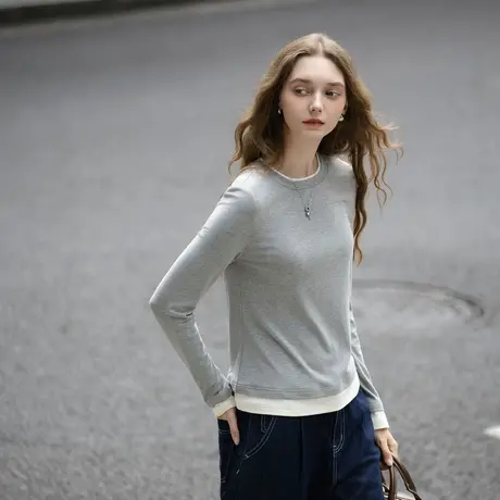 唐狮秋冬季女假两件撞色拼接针织打底衫修身灰色百搭时尚TMTA图片