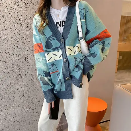 唐狮秋冬招财猫开衫女针织外套春秋高级感趣味红色费尔岛外套TD图片