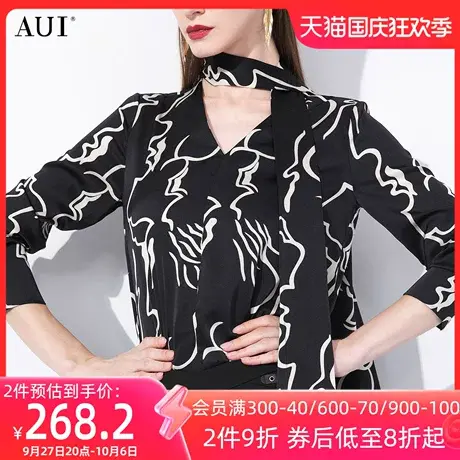 AUI黑色设计感小众V领衬衫女2023夏季新款高级感御姐气质长袖衬衣商品大图