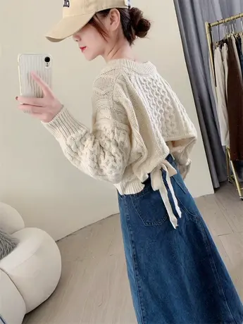 韩系高腰麻花针织衫毛衣女秋季设计感后背系带V领宽松小个子上衣商品大图