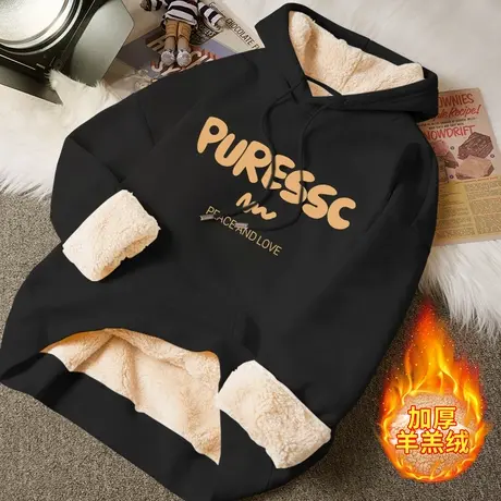 2023新款羊羔绒连帽卫衣女加绒加厚款oversize风休闲百搭外穿上衣图片