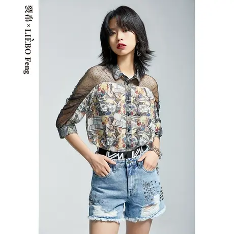 裂帛LIEBOFeng原创设计chic复古印花气质网纱拼接连肩中袖衬衫女图片