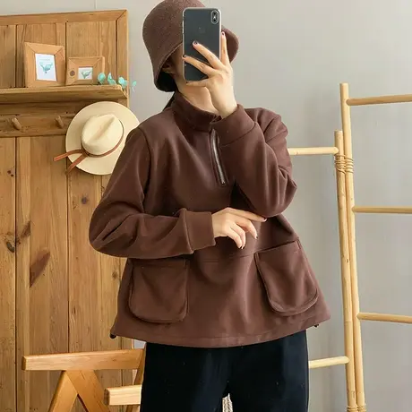 dza 复古纯棉拉链高领加绒卫衣外套女士秋冬新款加厚口袋长袖上衣图片