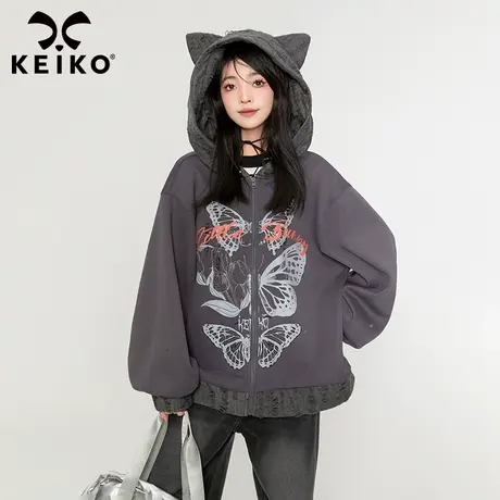 [加密绒]韩系复古蝴蝶花卫衣加厚2023秋冬设计感拼色磨烂连帽外套商品大图