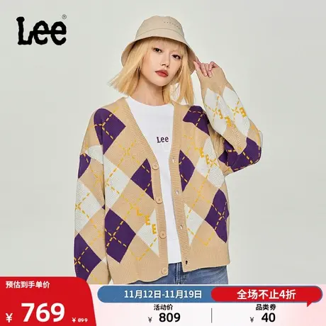 Lee商场同款23秋冬新品舒适米黄色菱格纹毛衣开衫女LWT006687CUB图片