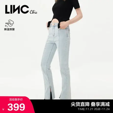 LINCCHIC金羽杰牛仔裤女复古高腰开叉直筒喇叭牛仔裤女S228JE333Y商品大图