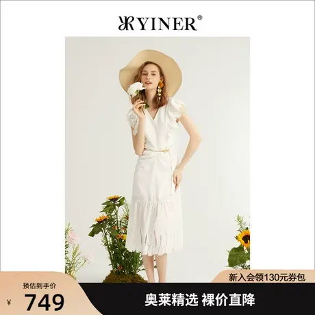 YINER音儿专柜女装2022夏季新款法风飞飞袖V领连衣裙图片
