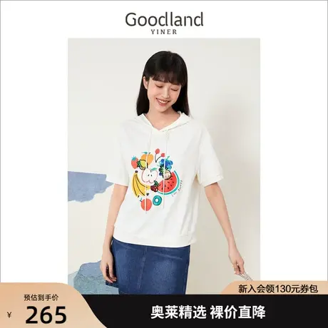 音儿美地女装2022夏季新款独特别致短袖印花上衣白色连帽T恤女商品大图