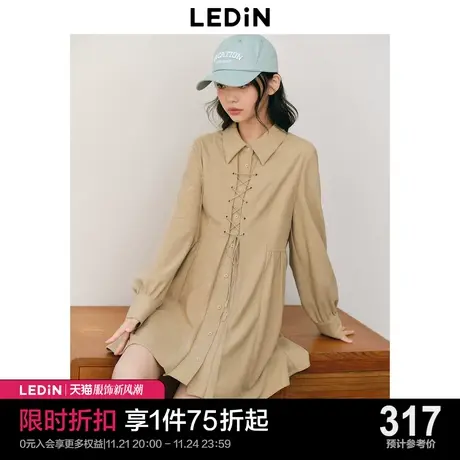 乐町绑带衬衫式连衣裙23年秋冬新款灯芯绒衬衫裙美拉德娃娃连衣裙商品大图